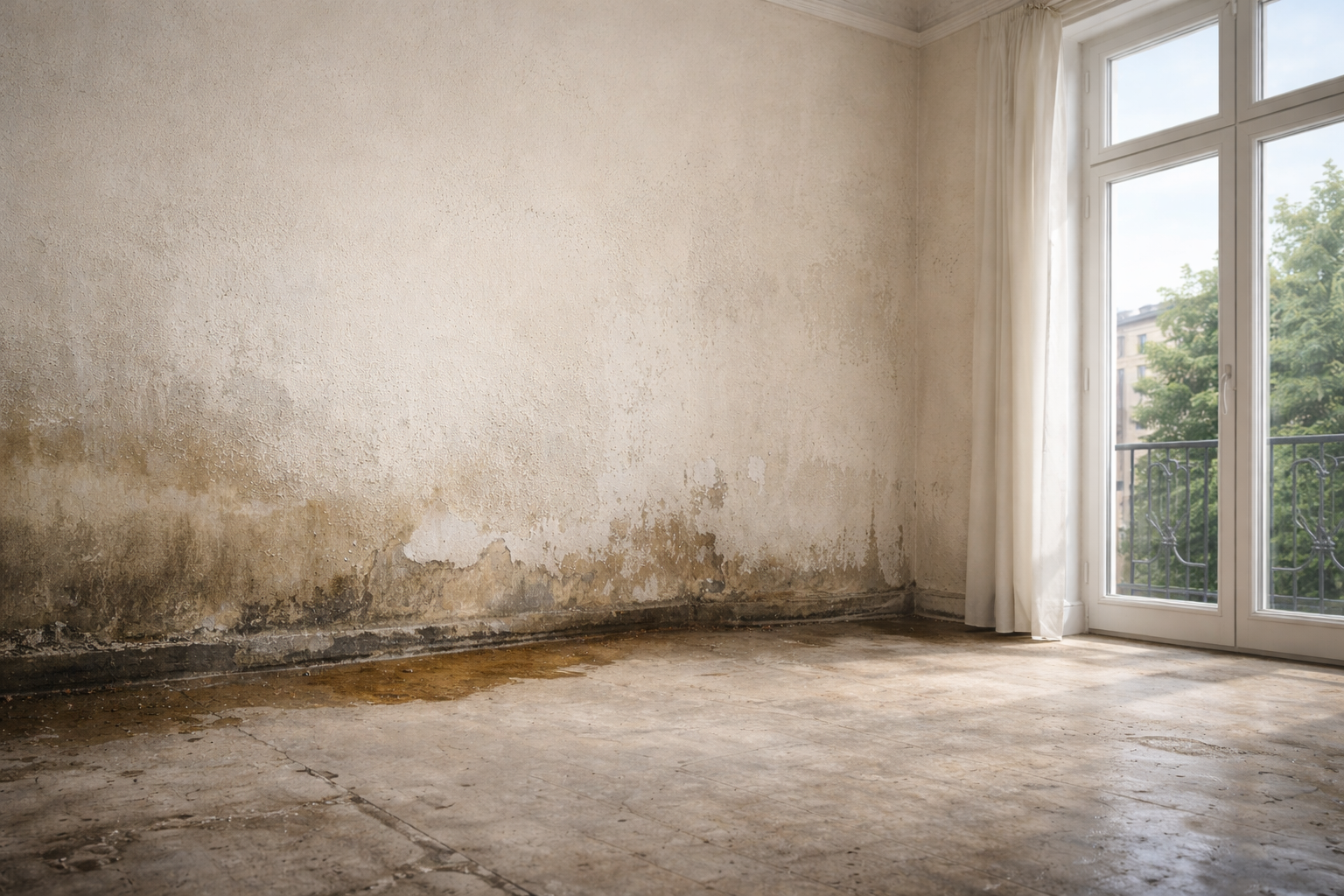 Wasserschaden in einer Berliner Wohnung mit feuchten Wänden